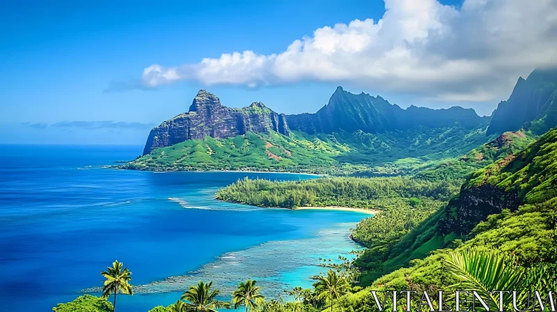 Tropical Island Landscape with Mountains and Ocean AI Image