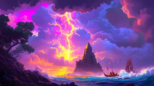 Sunset Storm over Ocean and Rocky Outcrop