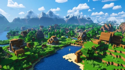 Scenic Pixelated Village with River and Mountains
