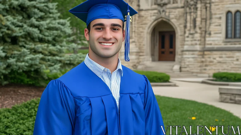 AI ART Smiling Graduate in Blue Academic Regalia