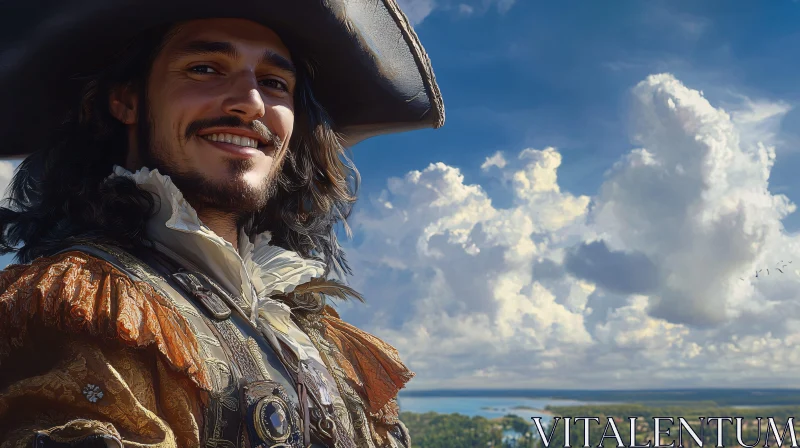 Smiling Historical Pirate Under Blue Sky AI Image