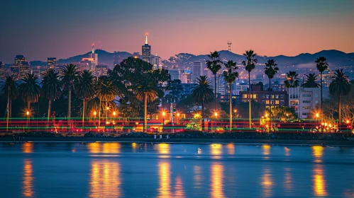 City Skyline at Night with Reflections