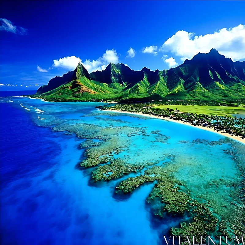 Island Paradise with Mountains and Turquoise Waters AI Image