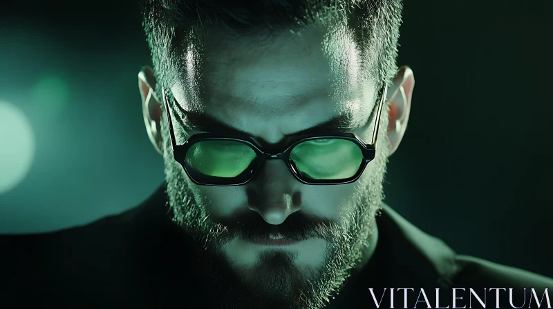 Green-Tinted Glasses and Serious Expression on Bearded Man AI Image