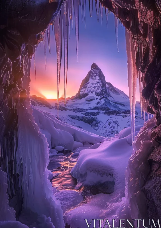 Enchanted Mountain View Through Icicles AI Image