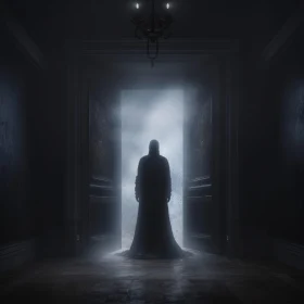 Enigmatic Figure in a Dimly Lit Hallway