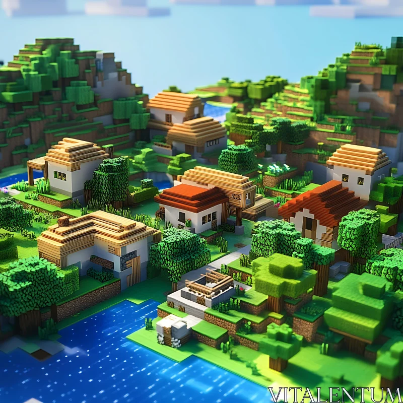 Minecraft Inspired Village Scene AI Image