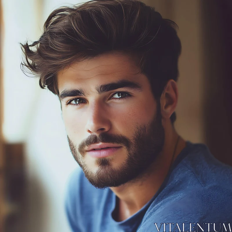 Intense Male Portrait with Beard and Styled Hair AI Image