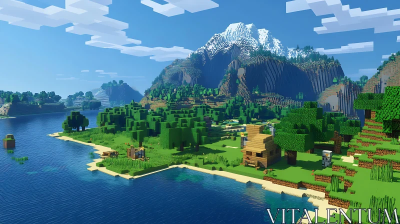 Beautiful Minecraft Scene with River and Snowy Peaks AI Image