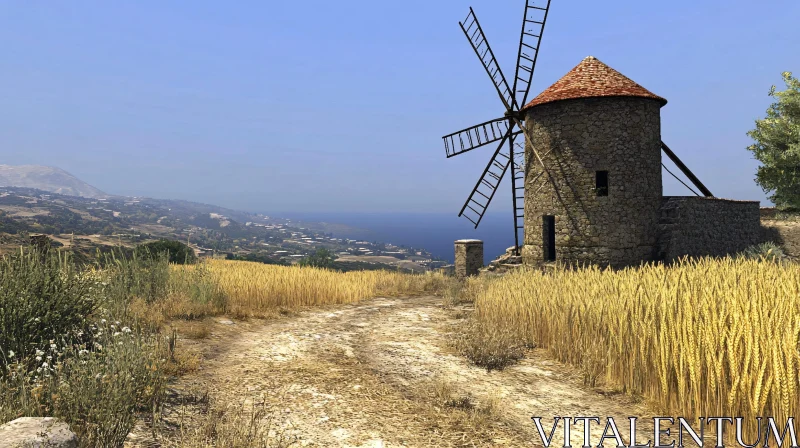 Countryside Windmill with Ocean View AI Image