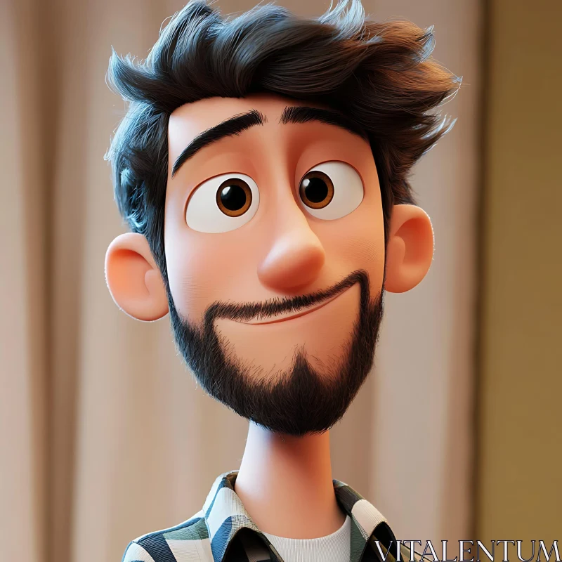 3D Cartoon Character with Beard and Checkered Shirt AI Image