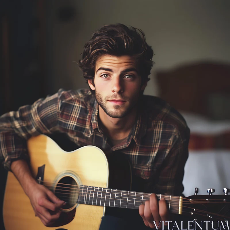 Young Man Strumming Guitar in Relaxed Setting AI Image