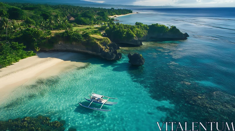 Tropical Island Aerial Shot with Boat and Pristine Beach AI Image