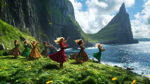 Dancers on Vibrant Cliffside with Ocean and Dramatic Mountain