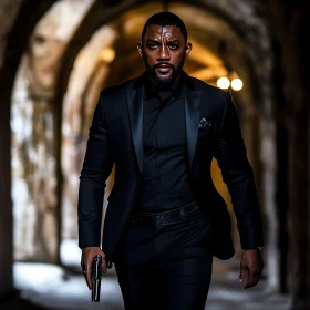 Determined Man in Black Suit with Weapon Walking in Tunnel