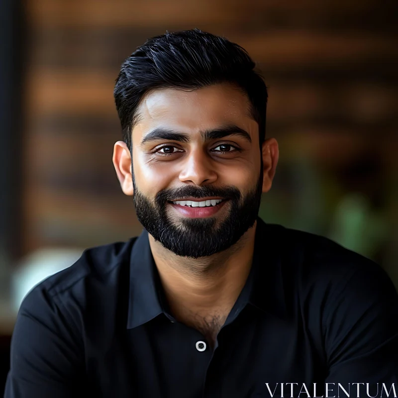 Man with Beard Smiling in Soft Light Portrait AI Image