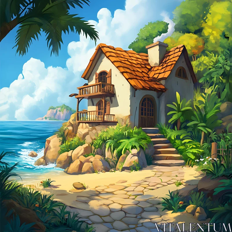 Idyllic Coastal Cottage in a Tropical Setting AI Image