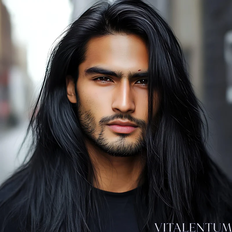 Man with Long Hair and Urban Background AI Image