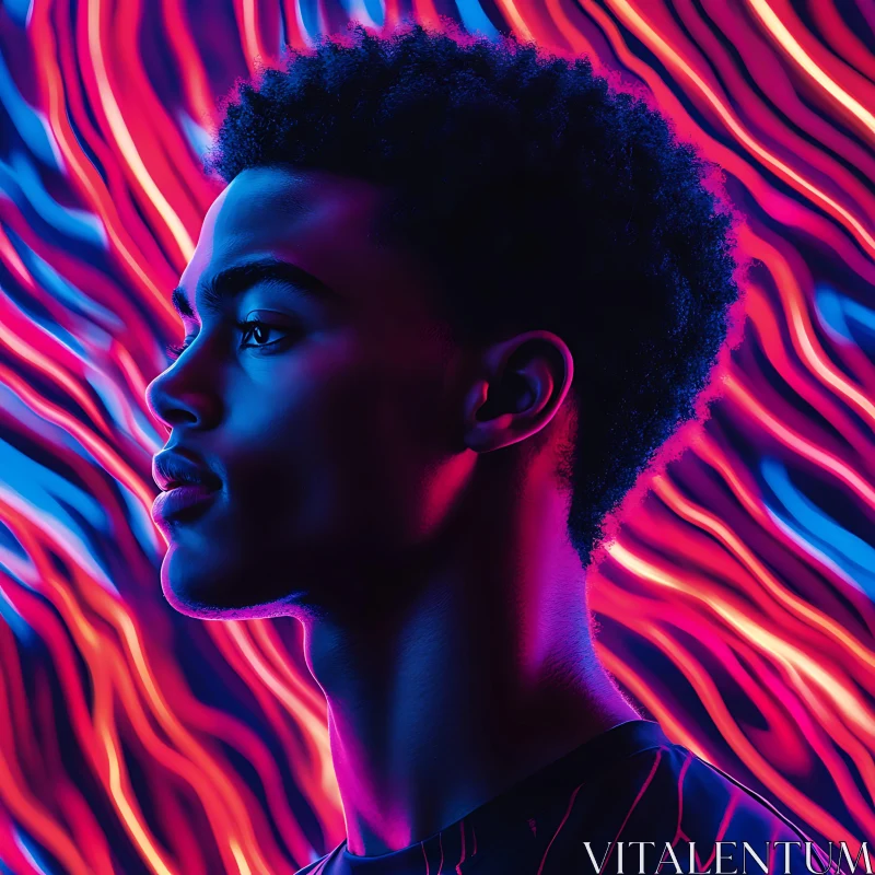 Neon-Lit Profile of Young Man AI Image