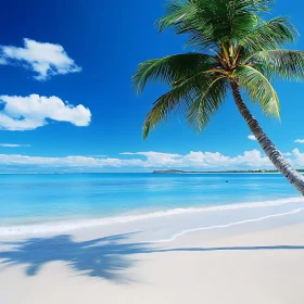 Tranquil Beach Scene with Palm Tree and Blue Skies