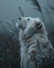 Serene White Lion in Tall Grasses