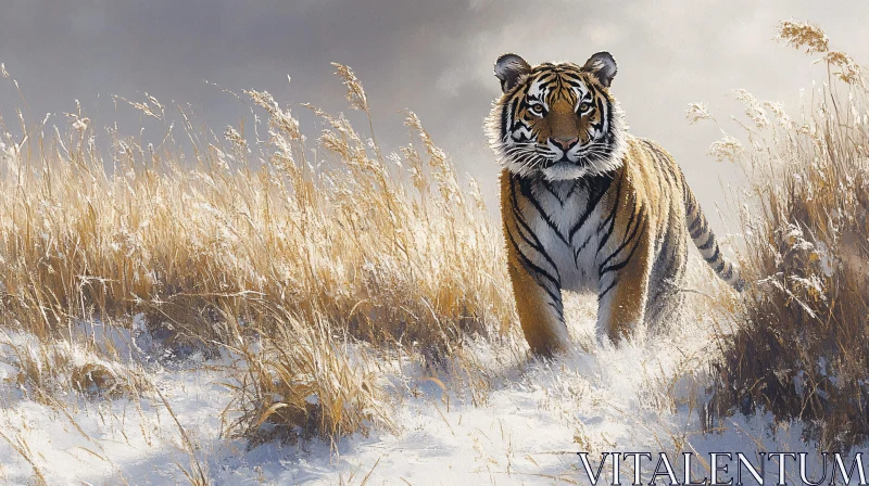 Winter Scene: Majestic Tiger in Snow-Covered Grassland AI Image