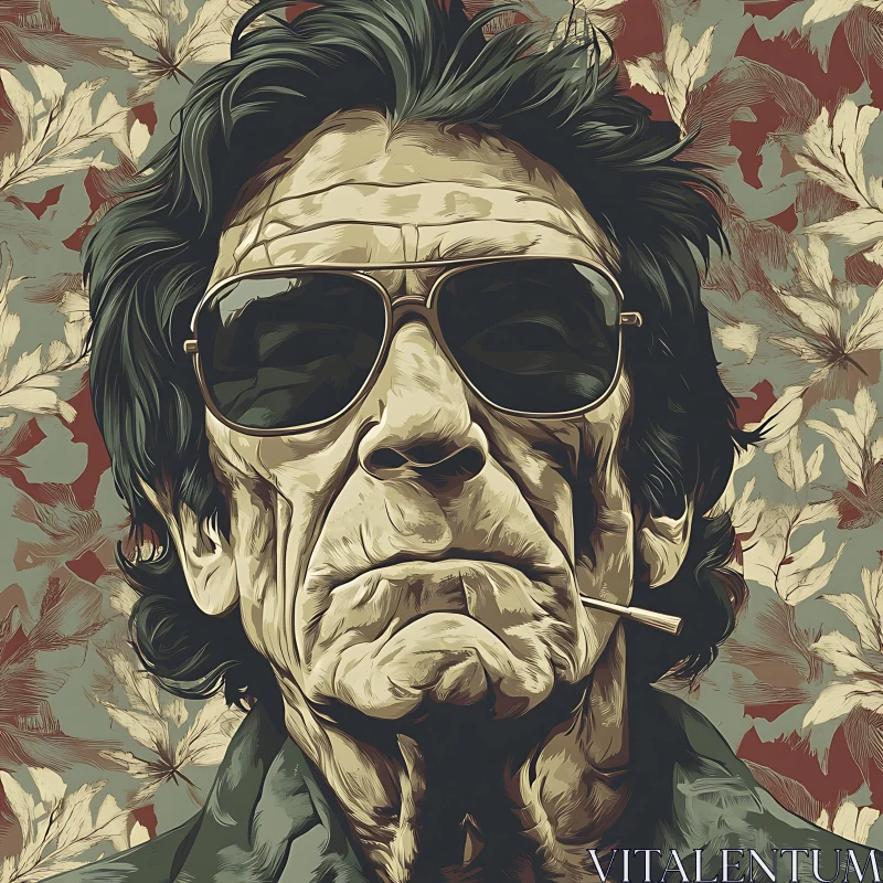 Aged Character Smoking in Artistic Portrayal with Floral Background AI Image