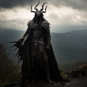 Dark Armored Figure Amidst Cloudy Peaks