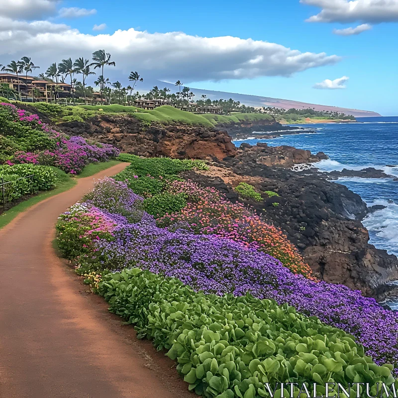 AI ART Enchanting Coastal Path with Lush Blossoms