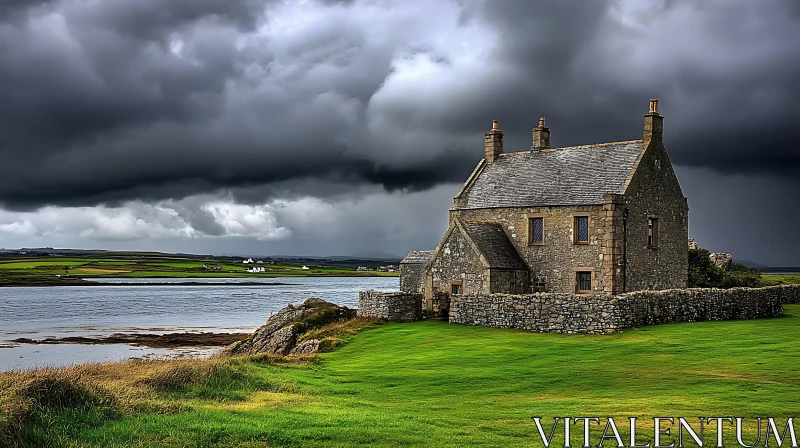 Lakeside Stone House Against Dark Clouds AI Image