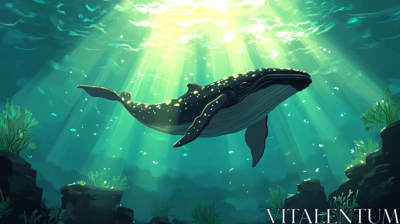 Whale in Sunlit Ocean AI Image