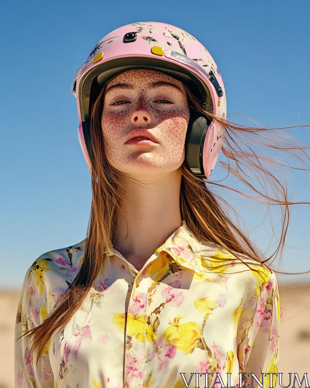 Desert Fashion with Pink Helmet and Floral Shirt AI Image