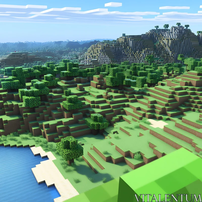 Voxel Terrain with Trees and Mountains in Minecraft Style AI Image