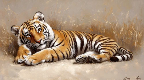 Tiger Lying Down in Dry Grass