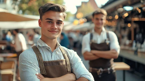 Young Men in Aprons at a Busy Market