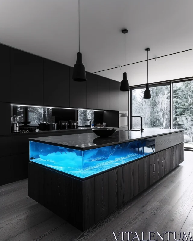 AI ART Contemporary Kitchen Design with Blue Aquarium