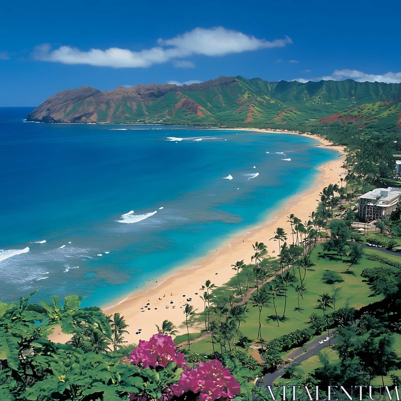 Scenic Island Coastline with Lush Green Hills and Sandy Beach AI Image