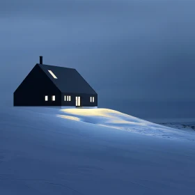 Snowy Night with Illuminated Cabin