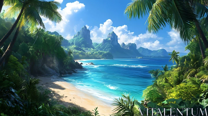 Idyllic Tropical Beach with Lush Greenery and Azure Sea AI Image