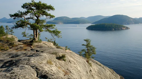 Serene Coastal Landscape with Pine Trees and Forested Islands