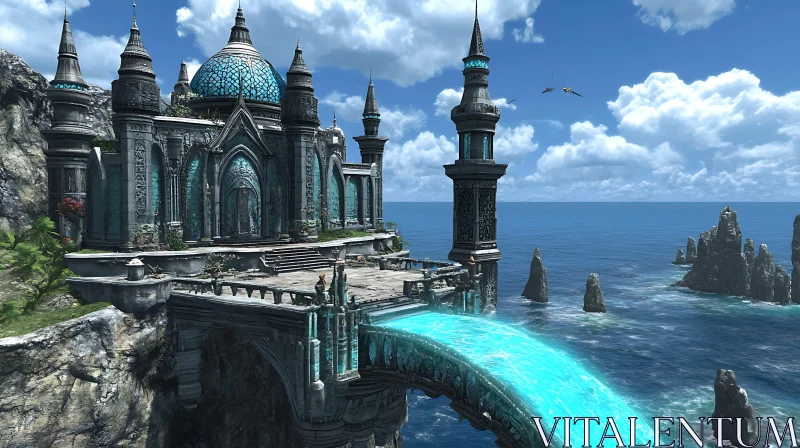 Gothic Castle with Blue Bridge Over the Ocean AI Image