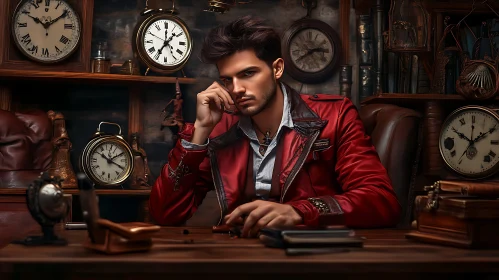 Pensive man in Red Jacket in Antique Setting