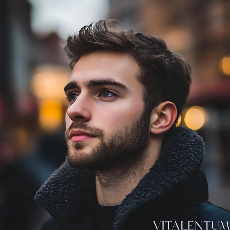 Contemplative Young Man in City Setting AI Image