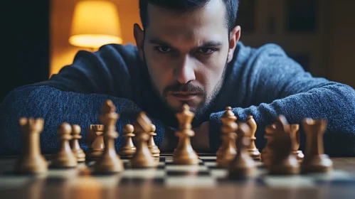 Man Deep in Thought During Chess Match