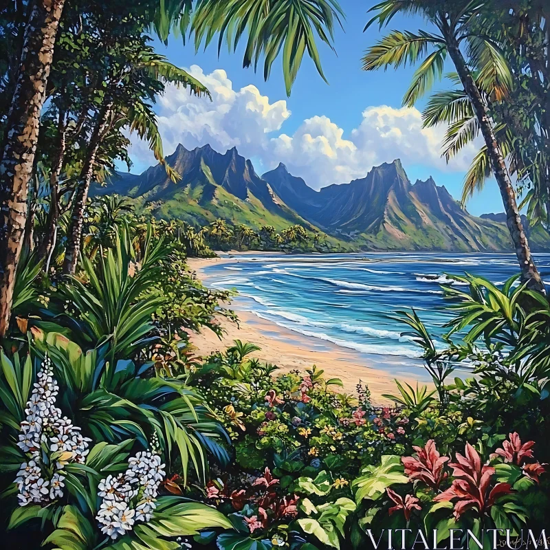 Scenic Tropical Paradise with Beach, Mountains, and Lush Foliage AI Image