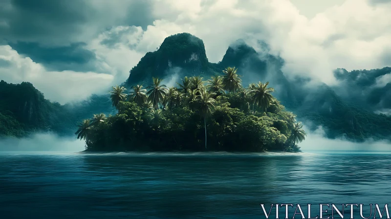 Misty Mountains and Serene Tropical Island AI Image