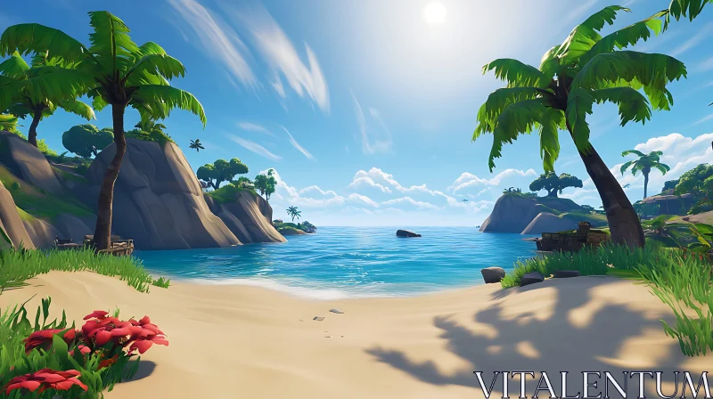 Idyllic Island Paradise with Palmtrees and Clear Ocean AI Image