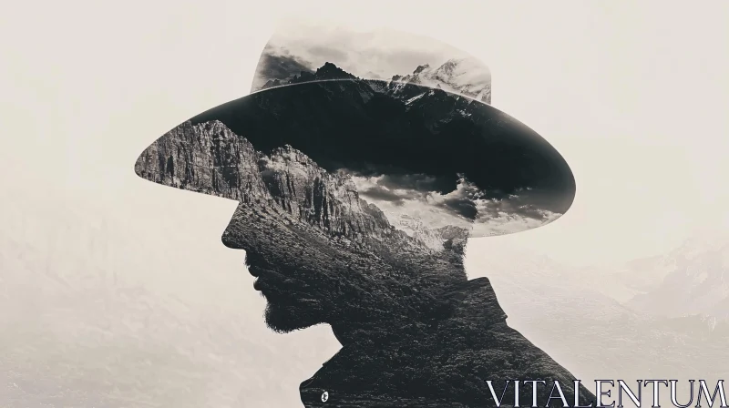 Man's Silhouette with Mountainous Double Exposure AI Image