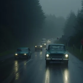 Vintage Cars in Misty Rain