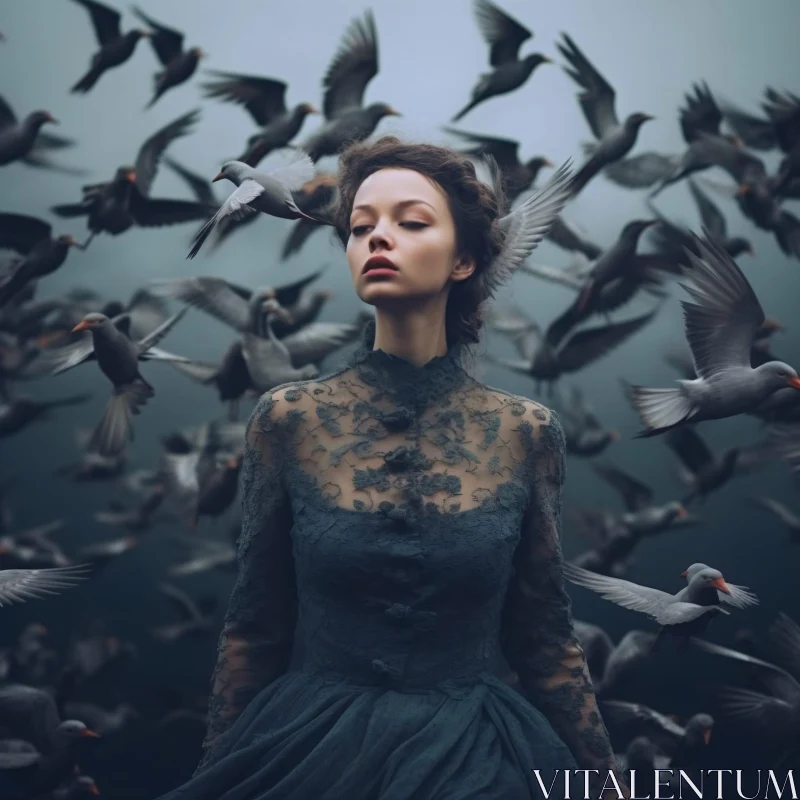 Woman and Birds in Harmony AI Image